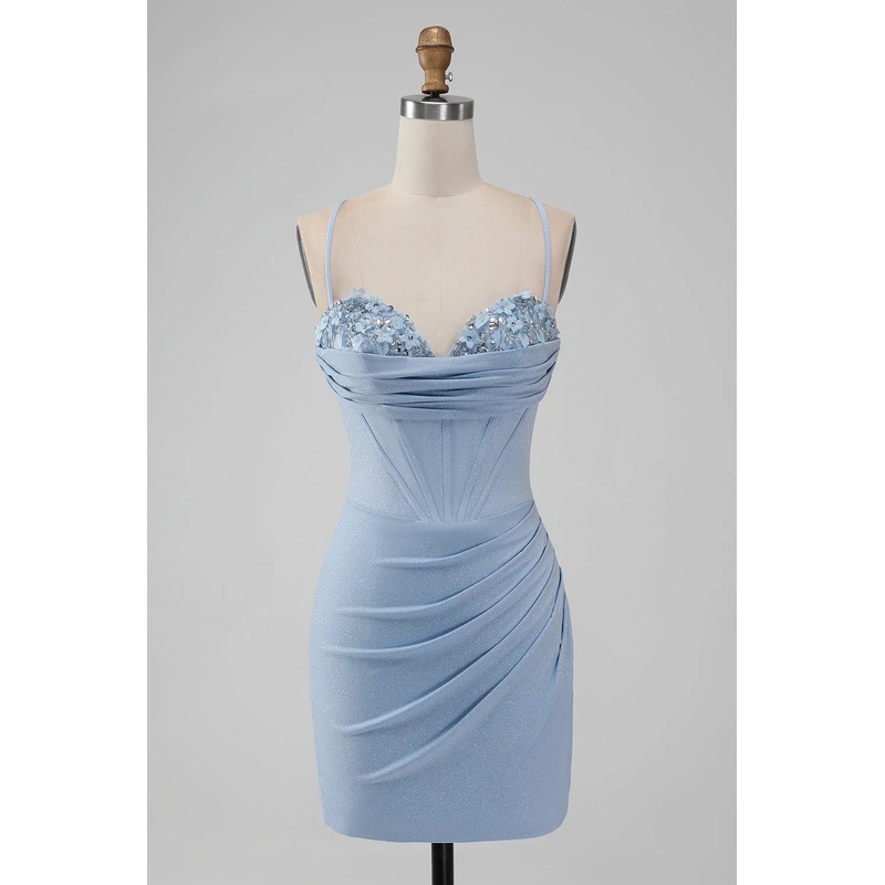 Aimishang Bodycon Light Blue Homecoming Dress Spaghetti Straps Corset Short Graduation Dresses
