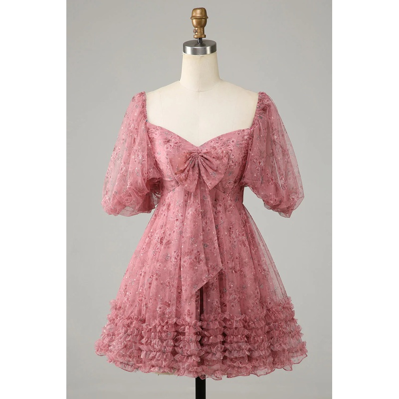 Aimishang Elegant A Line Homecoming DressTulle Bow Print Short With Puff Sleeves Purple