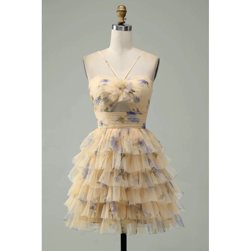 Aimishang Homecoming Dress A-Line Halter Tiered Print Short Yellow Flower