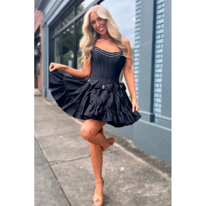 Aimishang Homecoming Dress A-Line Strapless Short Satin With Bowknot Black