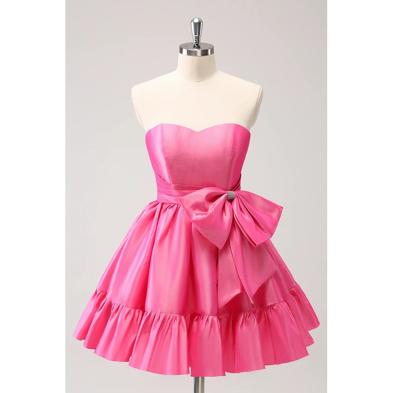 Aimishang Homecoming Dress Cute A Line Strapless Pleated Short with Bow Hot Pink