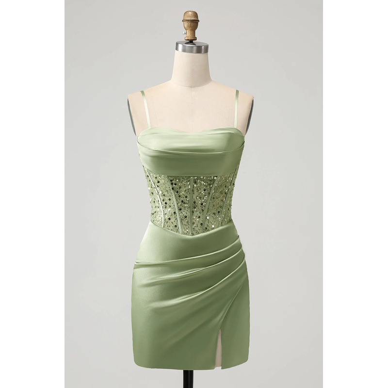 Aimishang Homecoming Dress Sparkly Sage Bodycon Sequin Corset with Slit Short