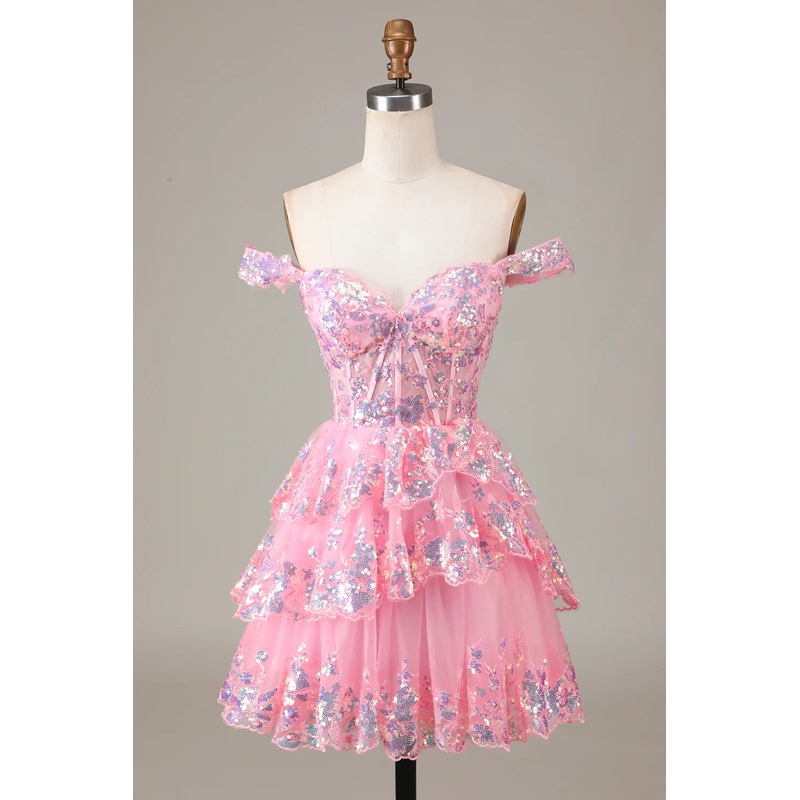 Aimishang Homecoming Dress with Sequins Sparkly A Line Off The Shoulder Corset Tiered Short