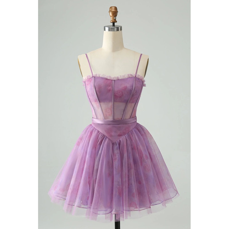 Aimishang Short Cute Homecoming Dress A Line Spaghetti Straps Print Corset Purple