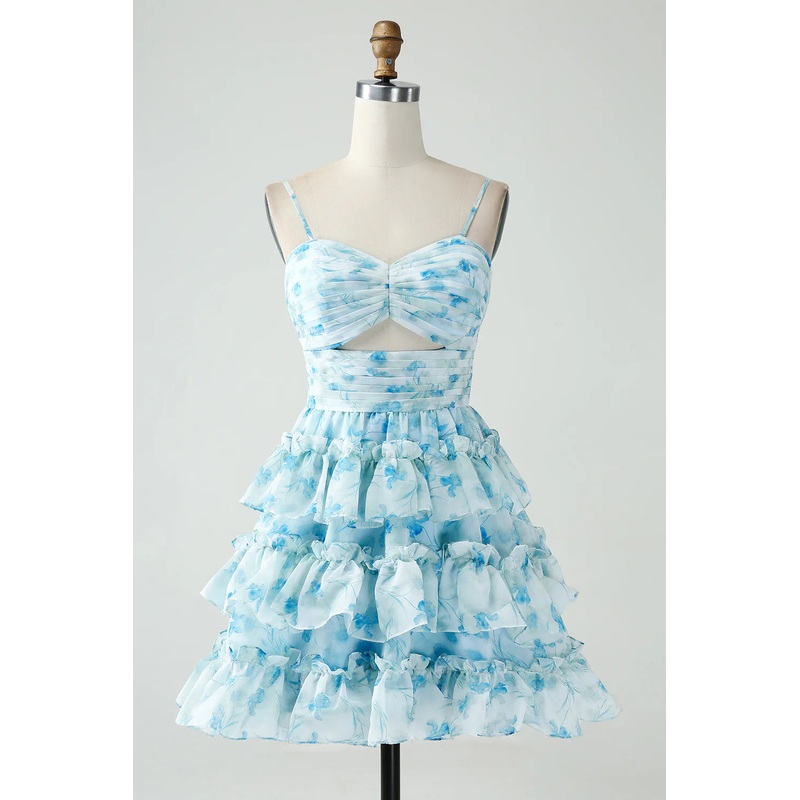 Aimishang Short Homecoming Dress Blue Flower A-Line Tiered Pleated