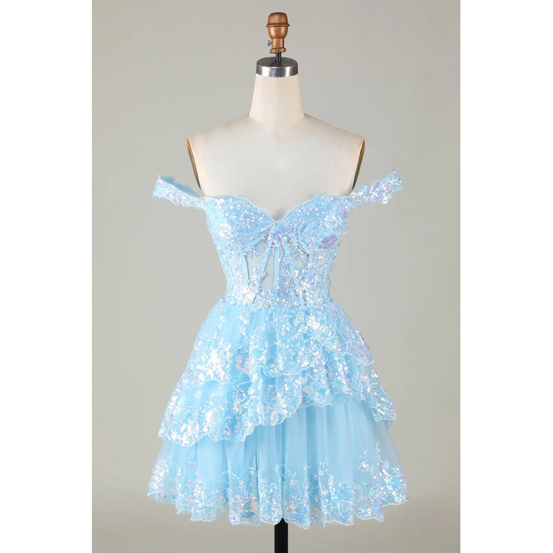 Aimishang Short Homecoming Dress Sparkly A Line Off The Shoulder Corset Tiered