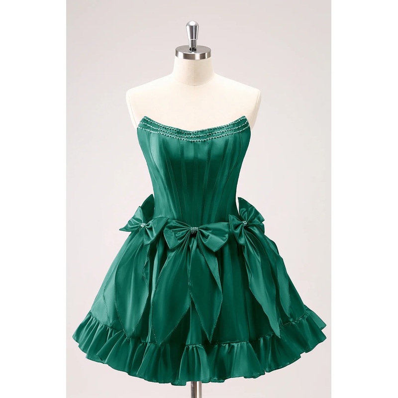 Aimishang A Line Graduation Dresses Strapless Corset Ruffle Beaded Cute Fuchsia Homecoming Dress with Bows