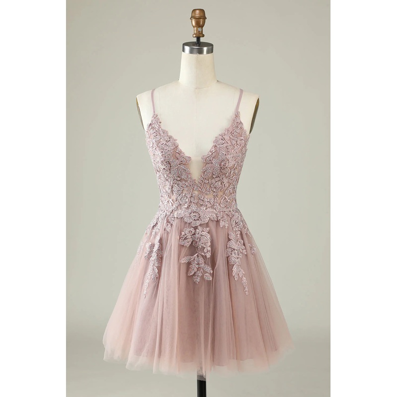 Aimishang A Line Homecoming Dress Blush Spaghetti Straps Short with Appliques