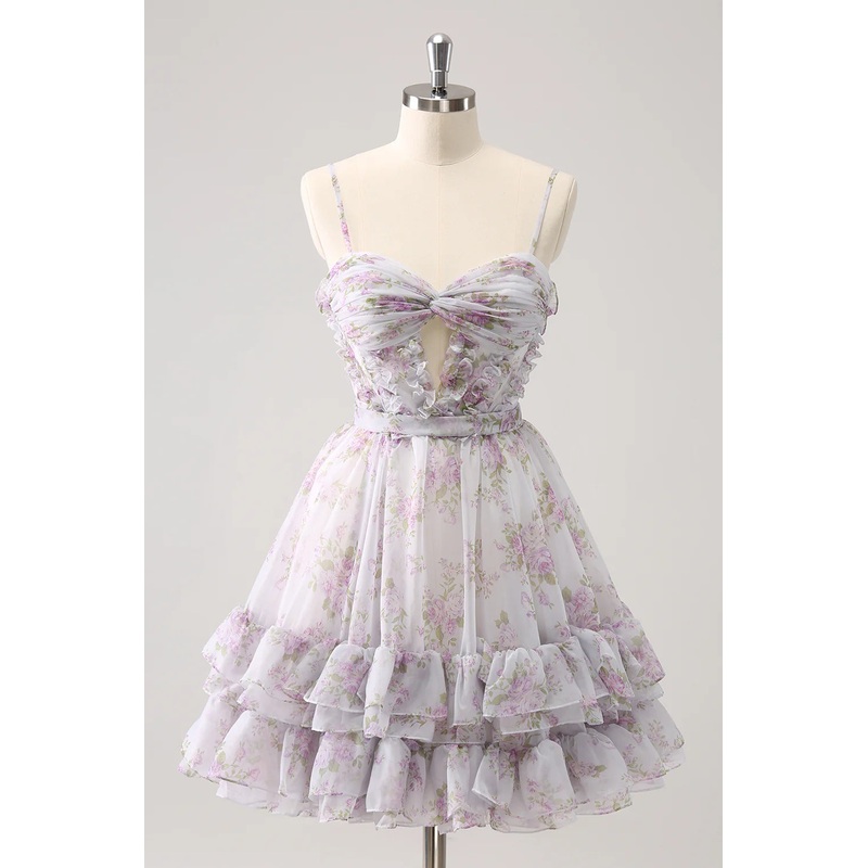 Aimishang A Line Homecoming Dress Cute Lilac Cut Out Tiered Print Floral with Ruffles