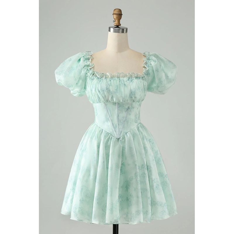 Aimishang A Line Homecoming Dress Cute Sky Blue Square Neck Floral Ruffle with Puff Sleeves
