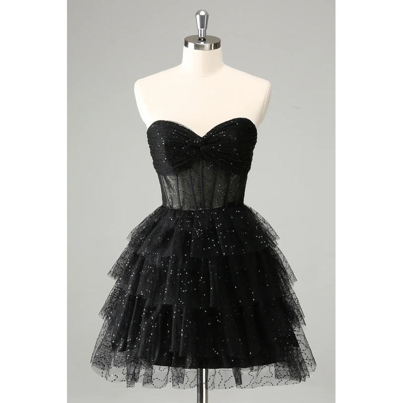 Aimishang A Line Homecoming Dress Cute Sparkly Black Sweetheart Pleated Corset with Sequins