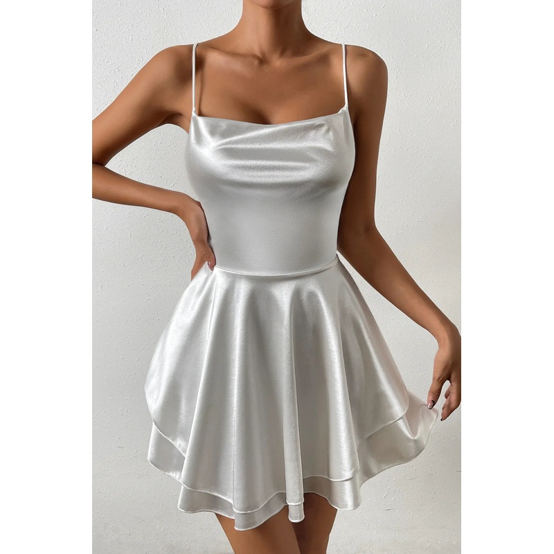 Aimishang A Line Homecoming Dress Cute White Spaghetti Straps Tiered Mini Dress with Lace Up Back
