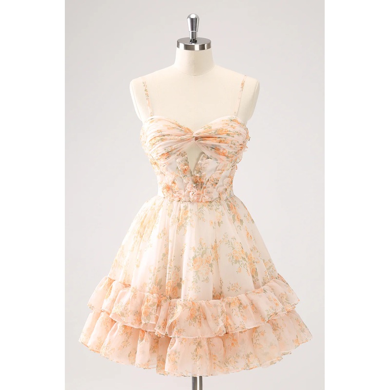 Aimishang A Line Homecoming Dress Cute Yellow Cut Out Tiered Print Floral with Ruffles