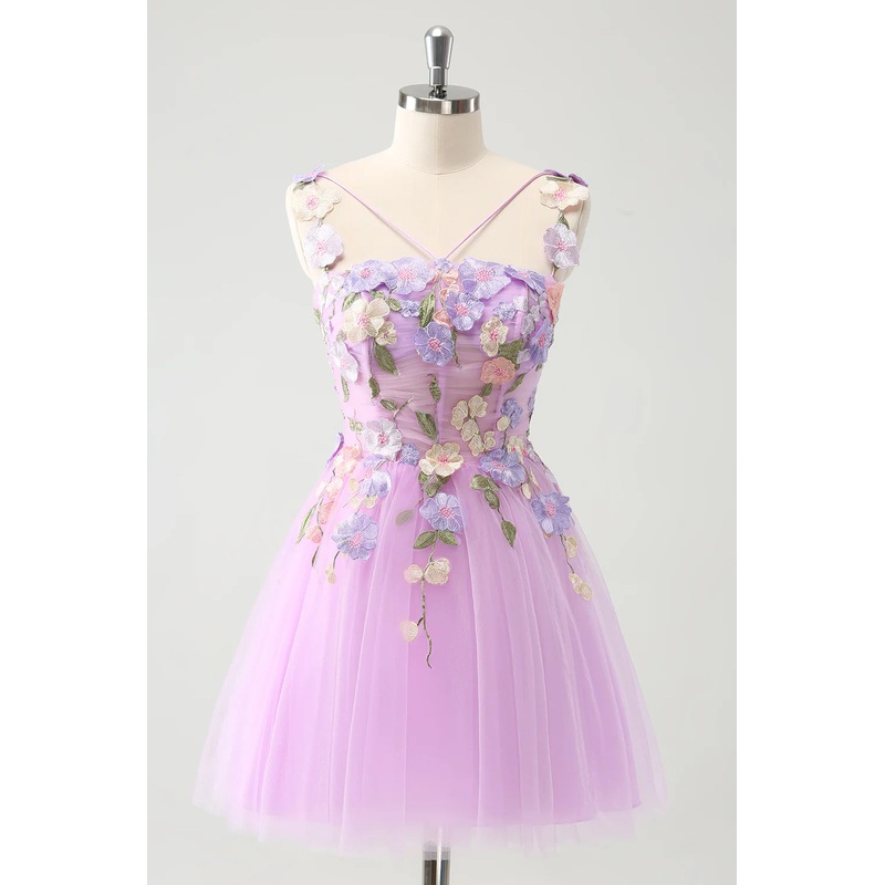 Aimishang A Line Homecoming Dress Gorgeous Purple Spaghetti Straps Short with 3D Flowers