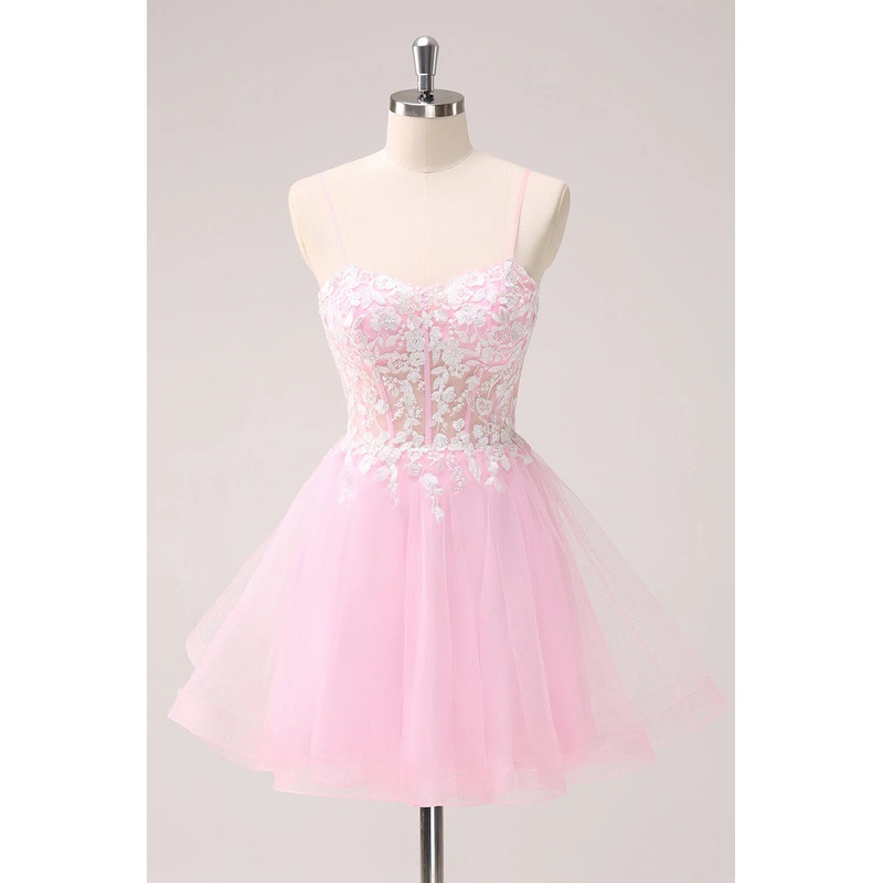 Aimishang A Line Homecoming Dress Pink Graduation Dresses Spaghetti Straps Tulle Corset with Appliques
