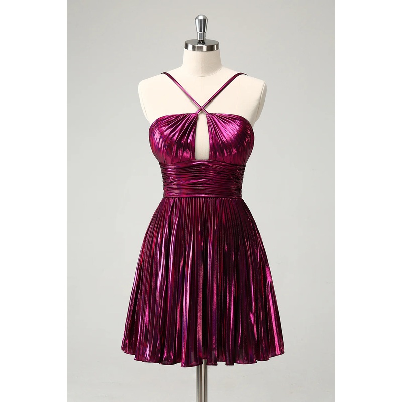 Aimishang A Line Homecoming Dress Purple Pleated Hollow Out Short Metallic Graduation Dresses
