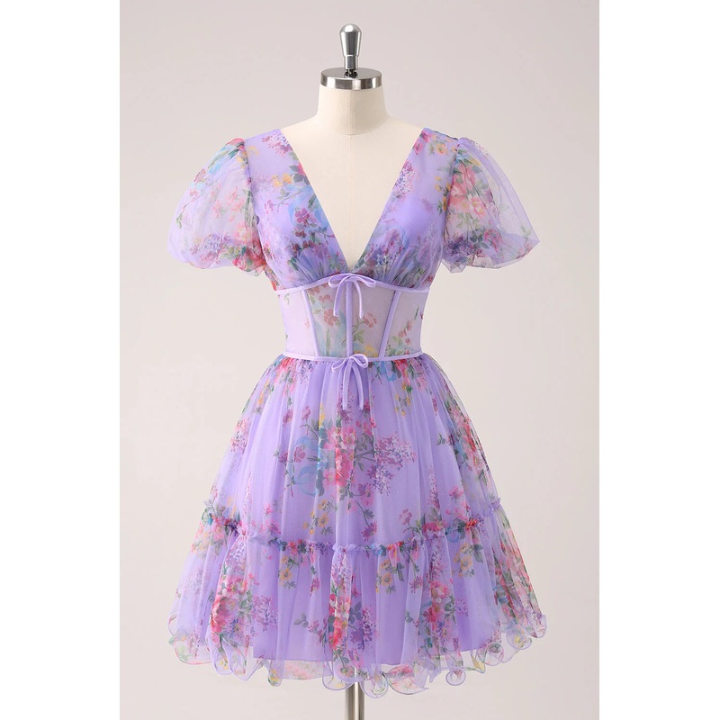 Aimishang A-Line Homecoming Dress Purple V Neck Corset Floral with Lace Up Back