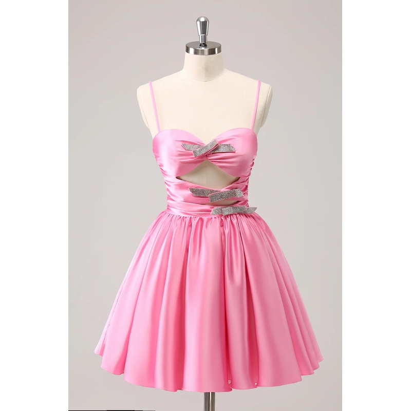 Aimishang A Line Homecoming Dress Sparkly Cute Pink Spaghetti Straps Cut Out with Sequins