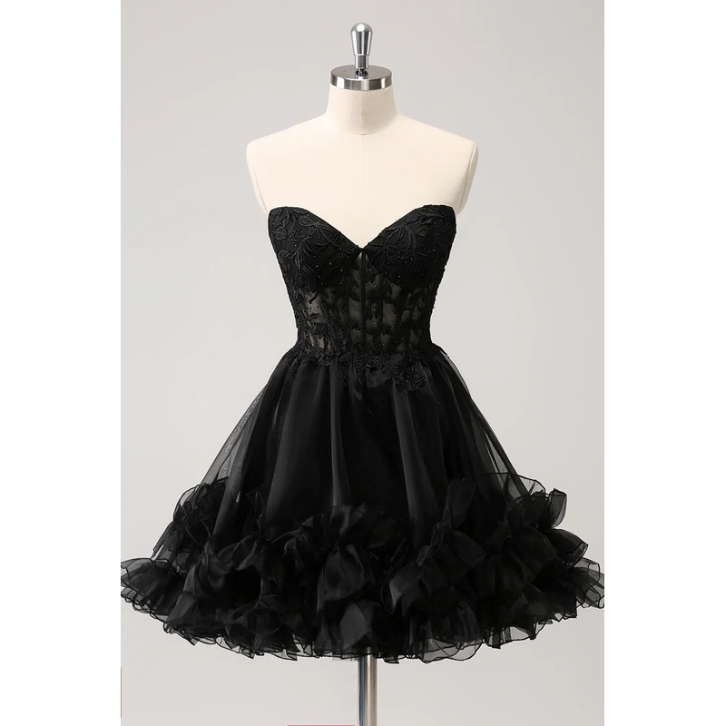 Aimishang A Line Homecoming Dress Sweetheart Corset Beaded with Lace Up Back Sparkly Black
