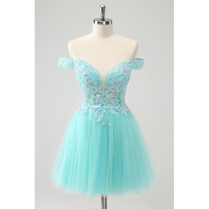 Aimishang A Line Sequins Homecoming Dress Light Green Pleated Corset Off The Shoulder Graduation Dresses
