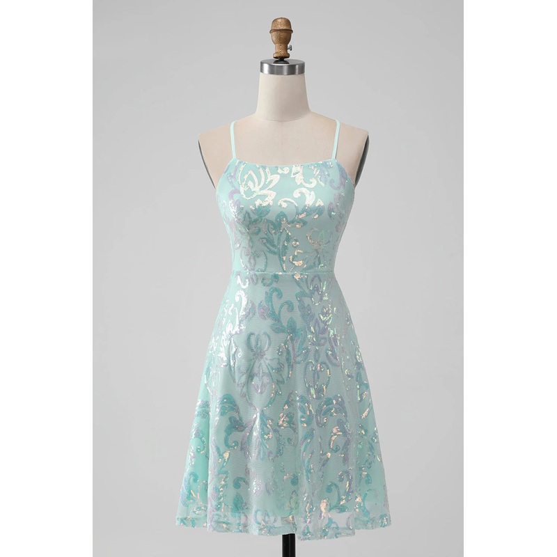 Aimishang A Line Sequins Short Homecoming Dress with Lace-up Back Mint Graduation Dresses