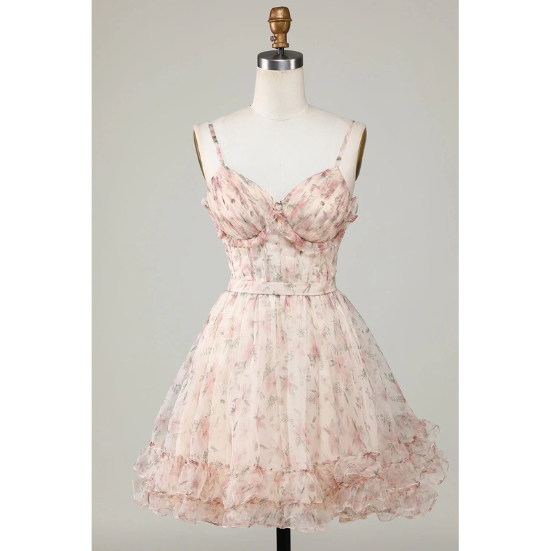 Aimishang A-Line Short Homecoming Dress Corset Floral with Lace Up Back Champagne