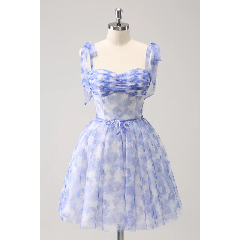 Aimishang A Line Short Homecoming Dress Spaghetti Straps Pleated With Lace Up Back