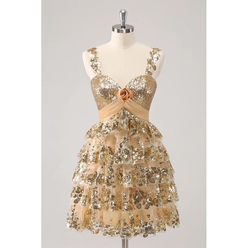 Aimishang A Line Short Homecoming Dress Sparkly Golden Corset Tiered with Flower