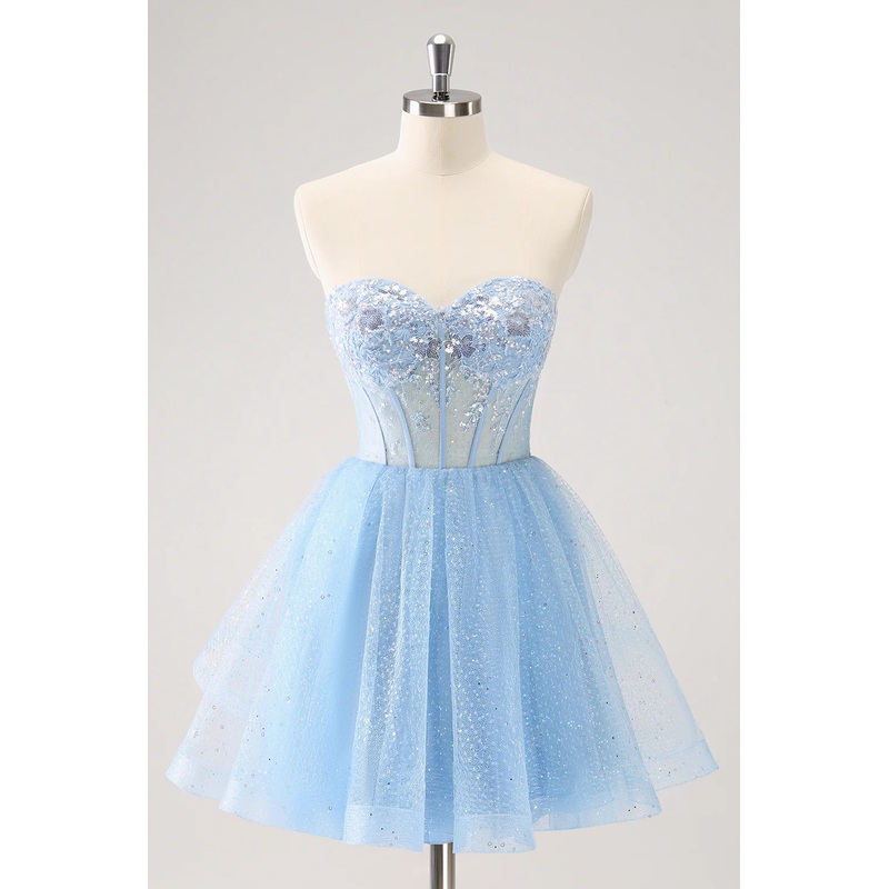 Aimishang A Line Sparkly Sky Blue Homecoming Dress Sweetheart Corset with Sequins