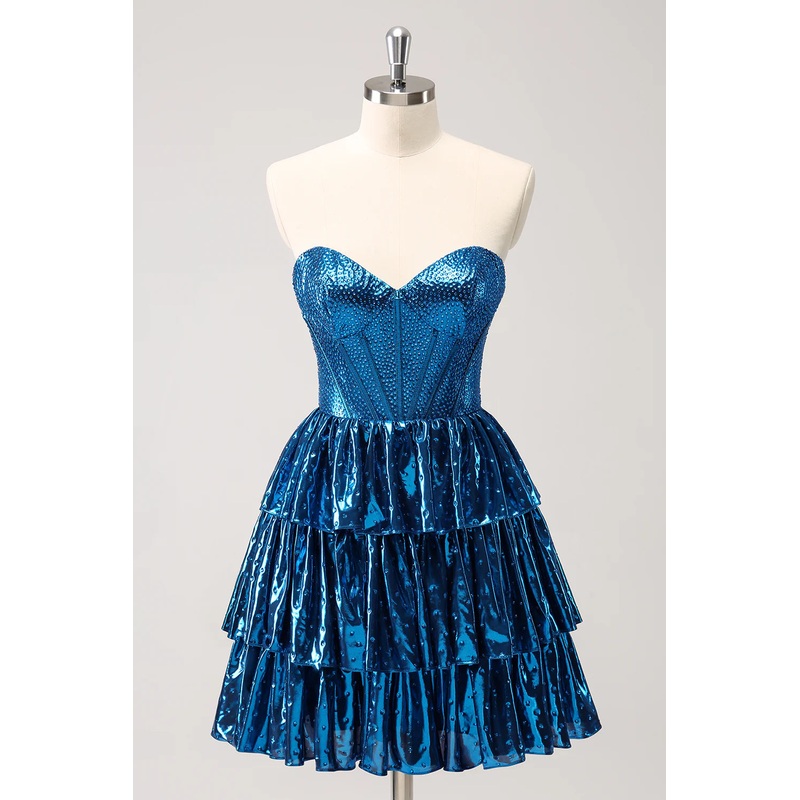 Aimishang A Line Sweetheart Homecoming Dress Sparkly Peacock Blue Corset Tiered Metallic with Lace Up Back