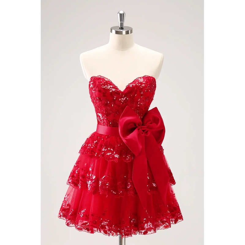 Aimishang A Line Sweetheart Homecoming Dress Sparkly Red Corset Tiered Ruffle with Bows