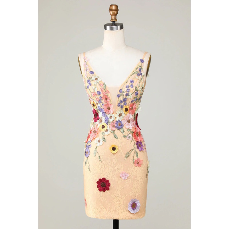 Aimishang Bodycon Deep V-Neck Short Homecoming Dress with Appliques Champagne