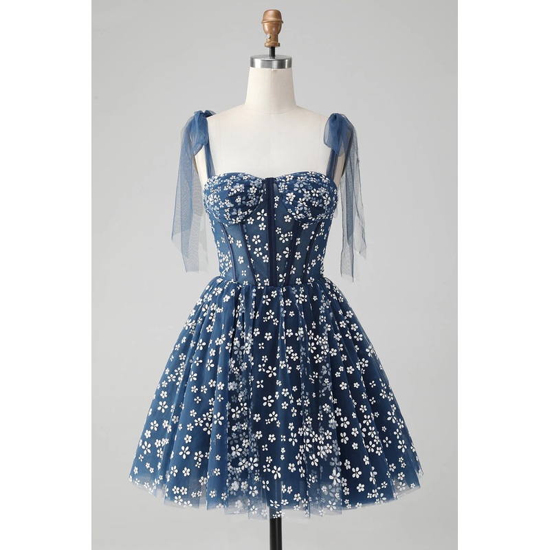 Aimishang Cute A Line Spaghetti Straps Print Corset Navy Short Homecoming Dress