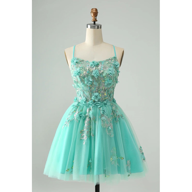 Aimishang Cute Green Short Homecoming Dress A Line Spaghetti Straps Corset with Appliques