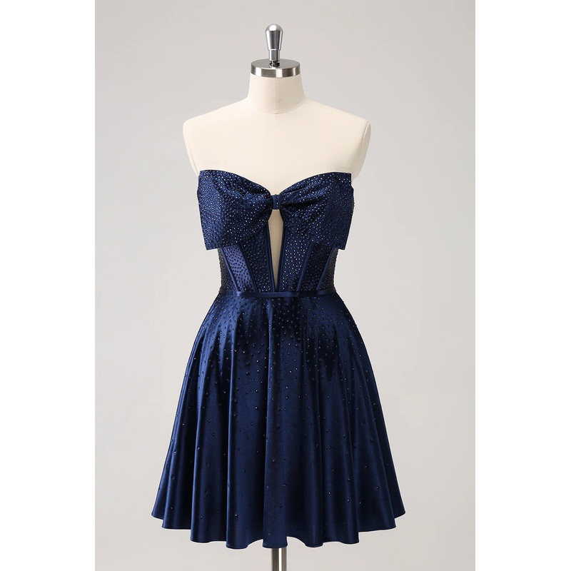 Aimishang Cute Homecoming Dress Navy A Line Strapless Hollow Out Corset Beaded with Bow
