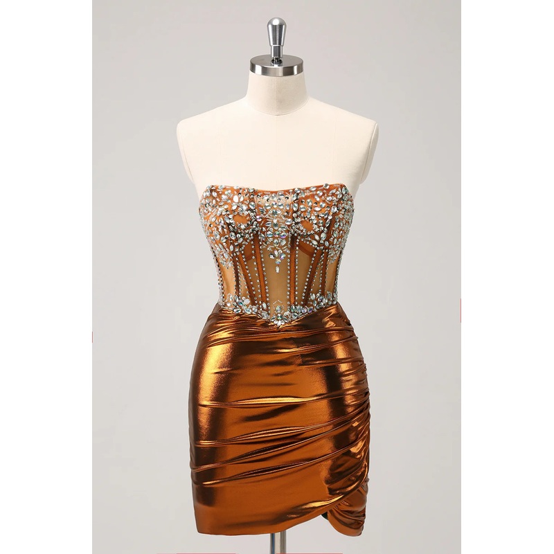 Aimishang Glitter Copper Tight Strapless Corset Short Metallic Homecoming Dress with Beading