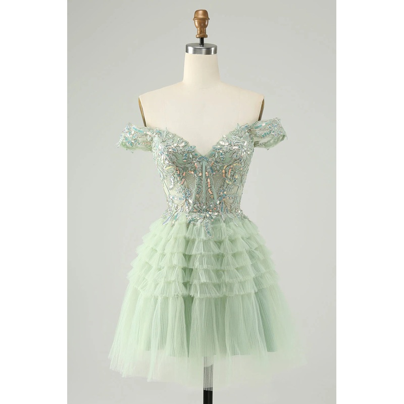 Aimishang Homecoming Dress A Line Off The Shoulder Corset Tulle with Sequins Sparkly Light Green