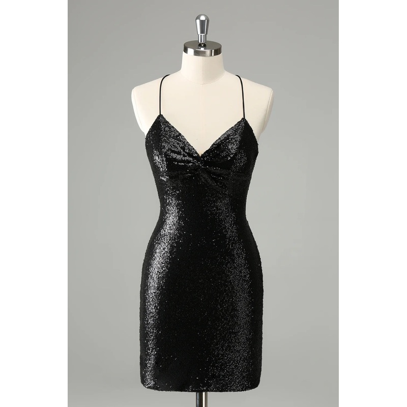 Aimishang Homecoming Dress Black Bodycon Spaghetti Straps Sequins with Lace-up Back