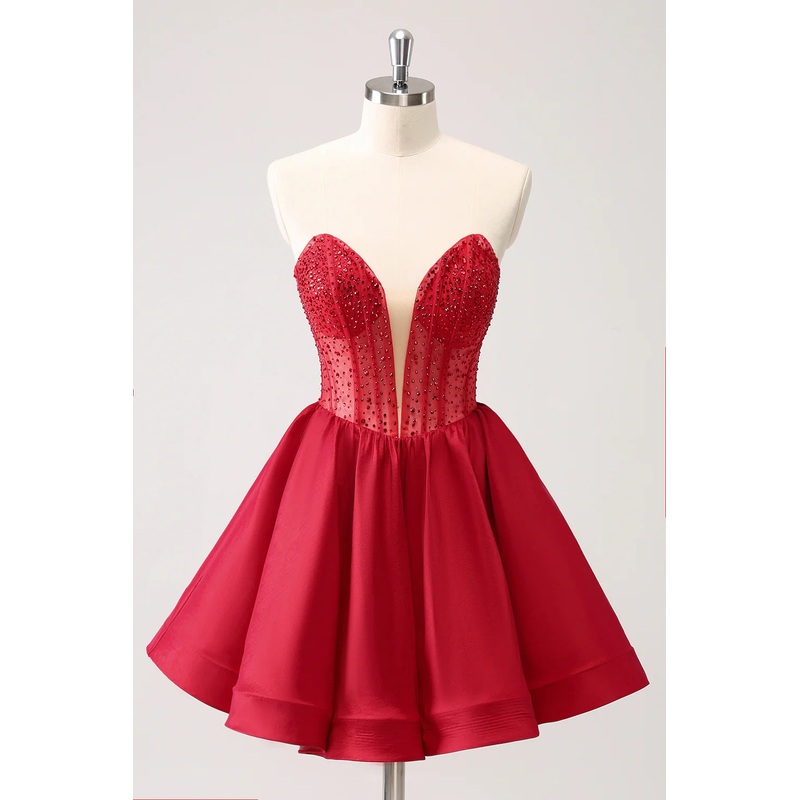 Aimishang Homecoming Dress Cute Red A Line Strapless Corset Ruffle with Beading