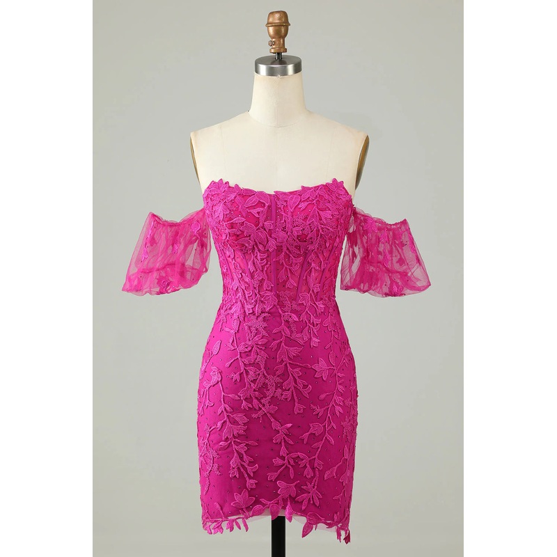 Aimishang Homecoming Dress Fuchsia Sheath Off the Shoulder Graduation Dresses With Appliques