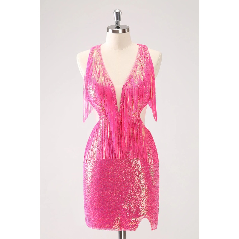 Aimishang Homecoming Dress Fuchsia Sparkly V-Neck Tight with Tassel