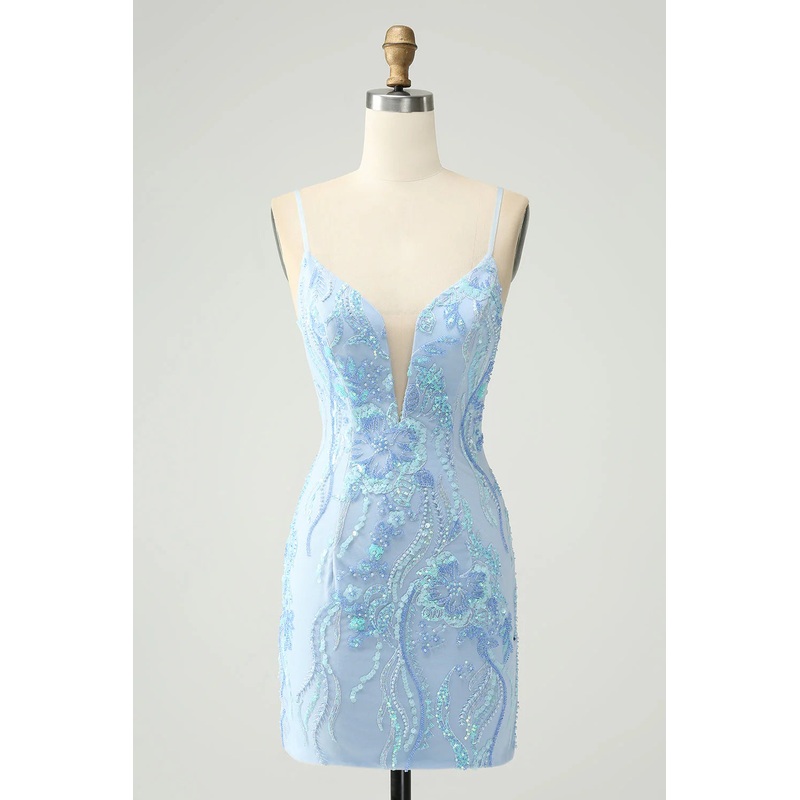 Aimishang Homecoming Dress Light Blue Spaghetti Straps Short Tight with Sequins