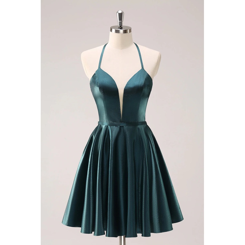 Aimishang Homecoming Dress Peacock Blue A-Line Halter Short Graduation Dresses Metallic with Lace Up Back