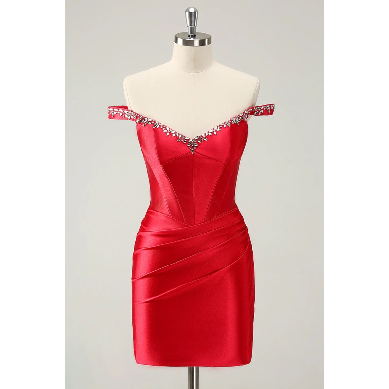 Aimishang Homecoming Dress Red Sheath Off The Shoulder Pleated Corset with Rhinestones