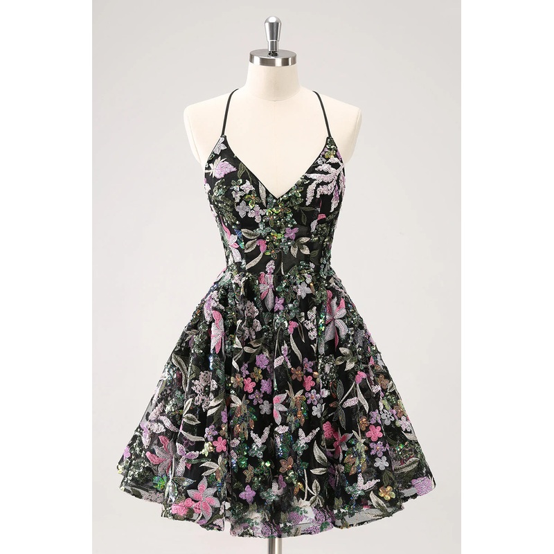 Aimishang Homecoming Dress Sparkly Black A Line Floral Short with Sequins