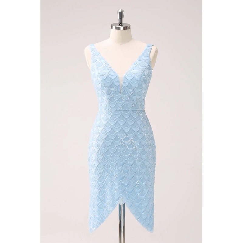Aimishang Homecoming Dress Sparkly Blue V-Neck Sequins Tight Fish Scale with Lace Up Back