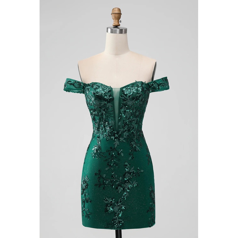 Aimishang Homecoming Dress Sparkly Dark Green Bodycon Off The Shoulder Sequin Graduation Dresses with Appliques