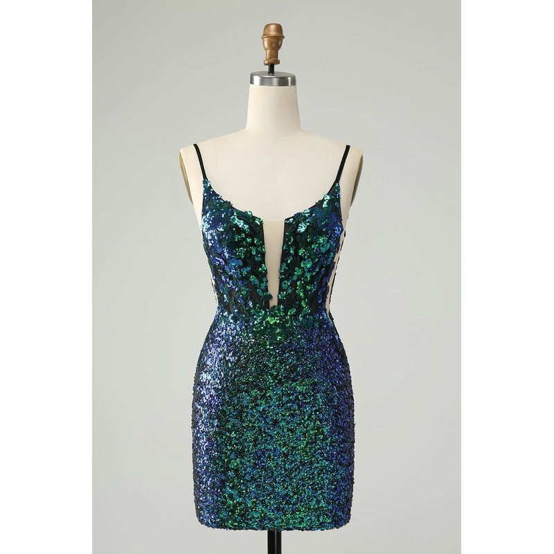 Aimishang Homecoming Dress Sparkly Dark Green Spaghetti Straps Tight with Sequins