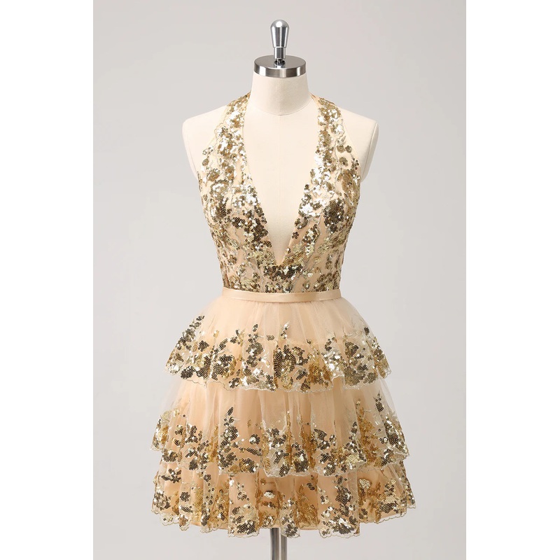 Aimishang Homecoming Dress Sparkly Gold A Line Halter Corset Tiered Backless with Sequins