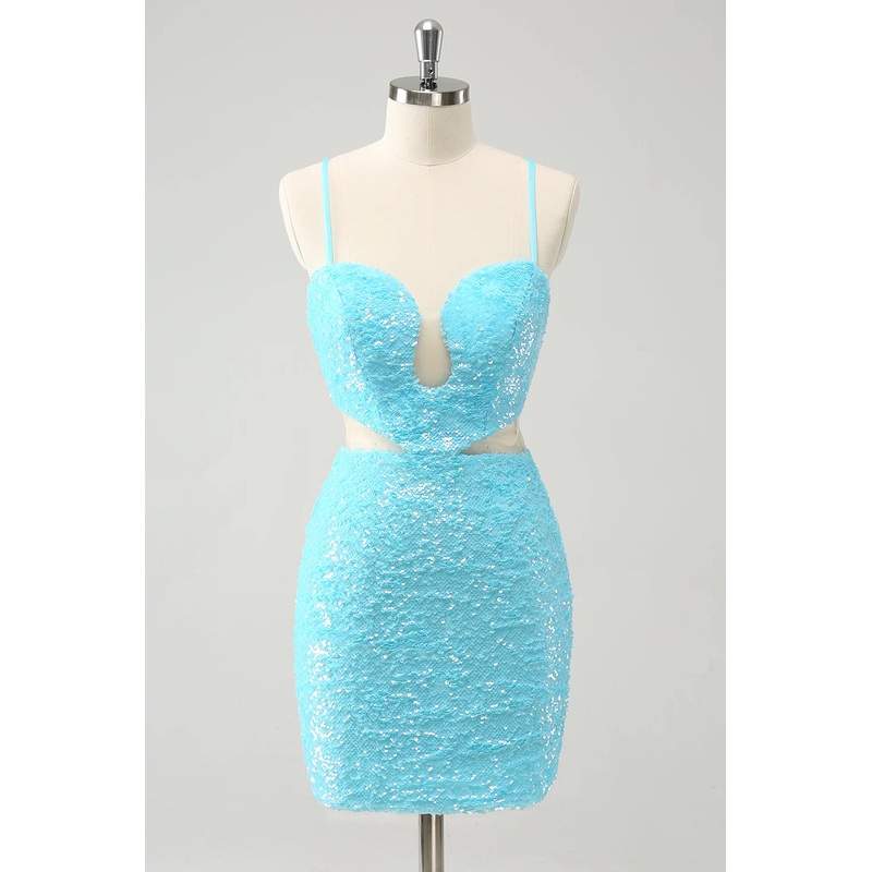 Aimishang Homecoming Dress Sparkly Light Blue Spaghetti straps Sequins Tight